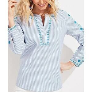 VINEYARD VINES Blue and Green Savannah Embroidered Stripe Popover Blouse Medium